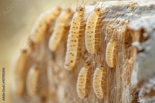 Macro shot of larvae detected during a professional woodworm treatment in an old home. High-resolution, detailed textures, crisp focus photo