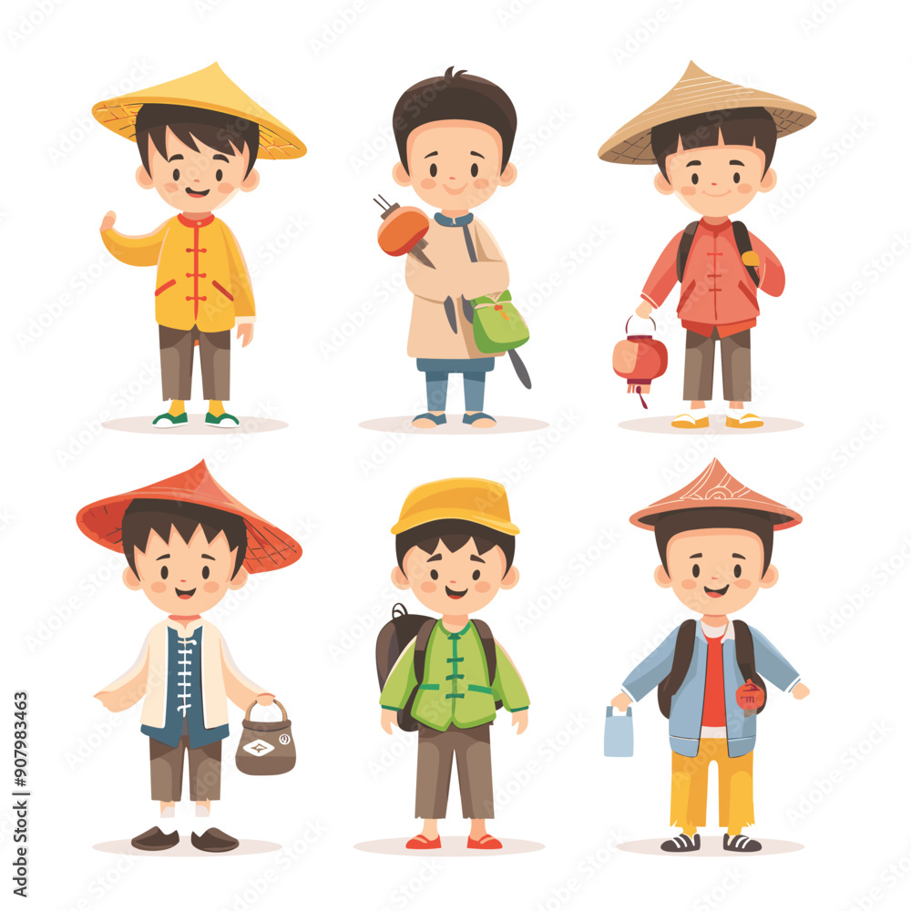 Six illustrated boys traditional Asian clothing, representing various cultures, boy showcasing different attire including conical hats, vests, holding items lanterns food. Happy expressions Six illustrated boys traditional Asian clothing, representing various cultures, boy showcasing different attire including conical hats, vests, holding items lanterns food. Happy expressions