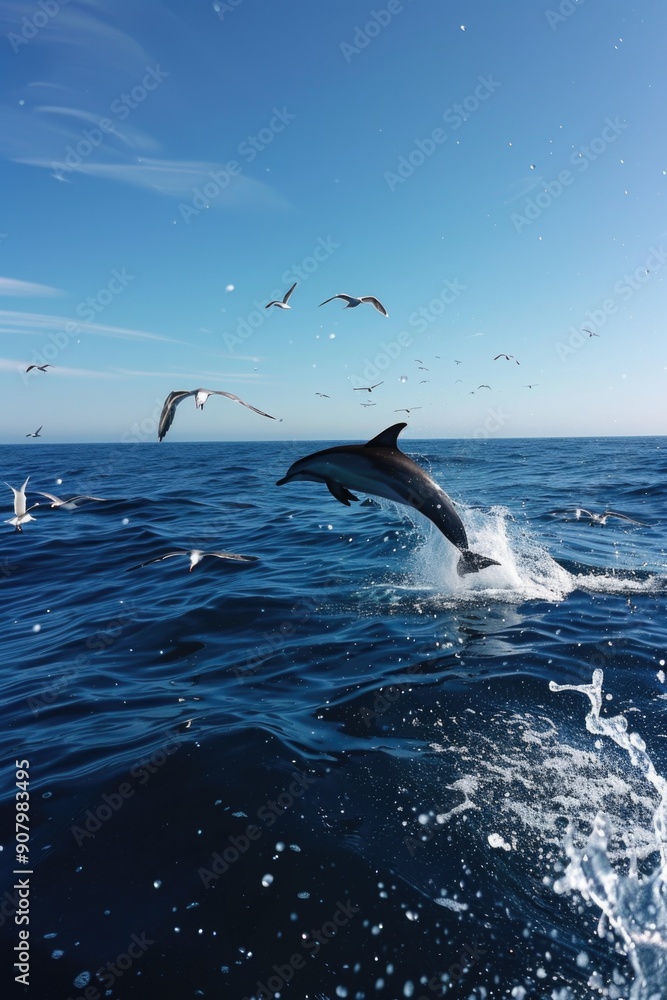Obraz premium A dolphin leaps out of the water, surrounded by a flock of seagulls. The scene is lively and full of energy, with the dolphin's movement contrasting against the birds' flight