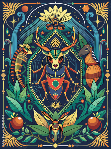 A stylized insect with ornate floral patterns