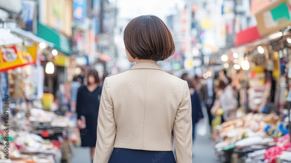 Back view of a woman walking through a bustling street market with colorful stalls and people in the background. Back view of a woman walking through a bustling street market with colorful stalls and people in the background.