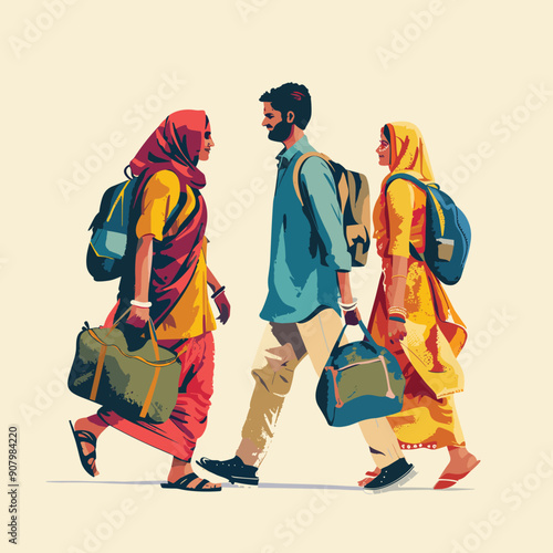 Three people traditional ethnic clothing walk, carrying bags. Man women smiling, appear be South Asian descent. Artwork style vibrant colors, urban setting, casual attire, backpacks