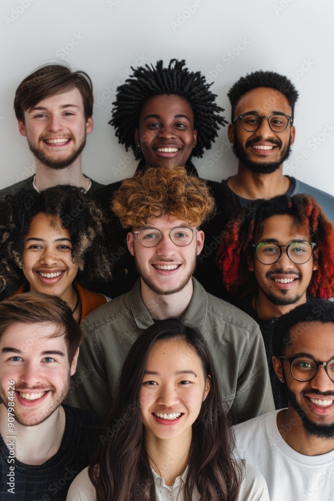 A group of people with different hair colors and styles are smiling for a photo. Scene is happy and friendly, as everyone is enjoying the moment and posing together A group of people with different hair colors and styles are smiling for a photo. Scene is happy and friendly, as everyone is enjoying the moment and posing together