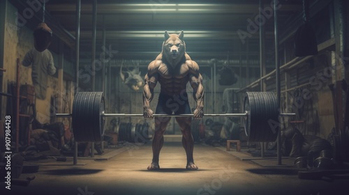 Muscular Human Body with Wolf's Head in Gym Setting