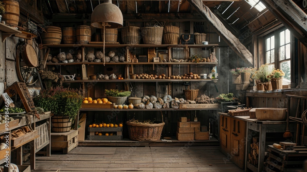 The interior of a rustic barn filled with stored organic produce and farming tools. The organized space reflects the farmer's dedication to maintaining a productive and efficient operation. The interior of a rustic barn filled with stored organic produce and farming tools. The organized space reflects the farmer's dedication to maintaining a productive and efficient operation.