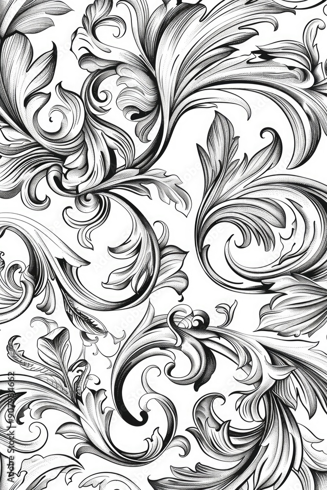 A black and white drawing of a flowery pattern. The drawing is very detailed and intricate, with many small lines and shapes. Scene is elegant and sophisticated, with a sense of timelessness A black and white drawing of a flowery pattern. The drawing is very detailed and intricate, with many small lines and shapes. Scene is elegant and sophisticated, with a sense of timelessness