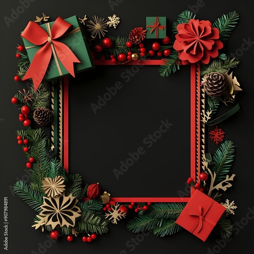 Creative Paper Cut Christmas Frame Gift Boxes on Black Background © ruangrit19