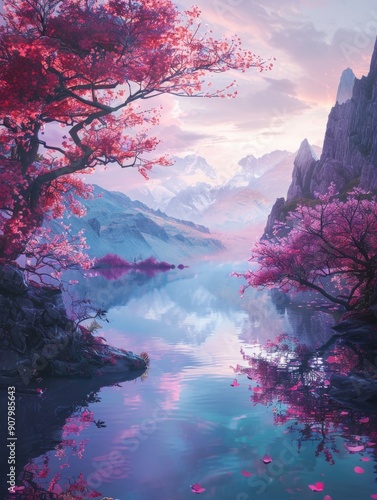 Wallpaper Mural A serene landscape with a river and mountains in the background. The trees are pink and the sky is a mix of blue and pink. Scene is peaceful and calming Torontodigital.ca