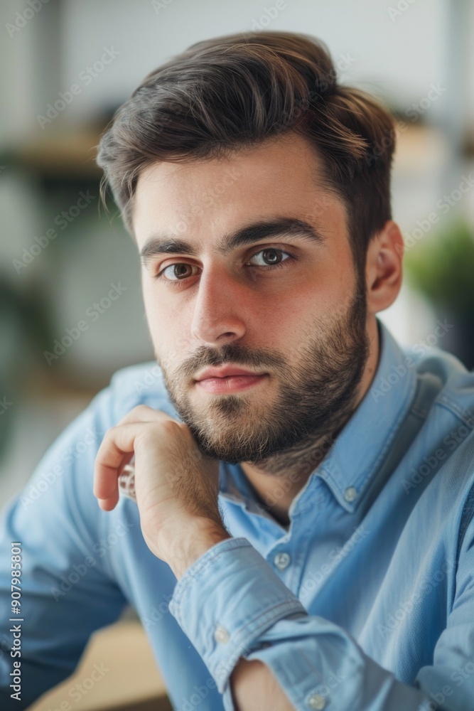 A man with a beard and a blue shirt is sitting on a table. He is looking at the camera with a serious expression A man with a beard and a blue shirt is sitting on a table. He is looking at the camera with a serious expression