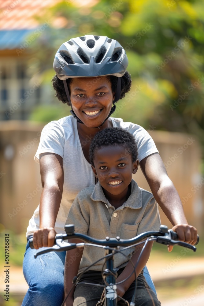 Obraz premium A woman and a child are riding a bike together. The woman is wearing a helmet and the child is wearing a helmet as well. They both have smiles on their faces