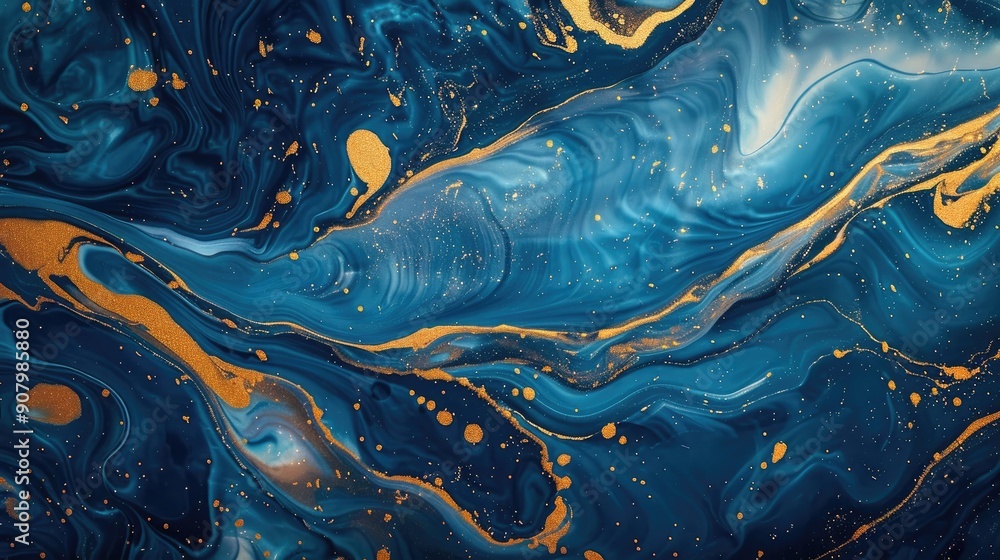 A fluid abstract background with marbled patterns in blue and gold, offering an elegant and luxurious feel. A fluid abstract background with marbled patterns in blue and gold, offering an elegant and luxurious feel.