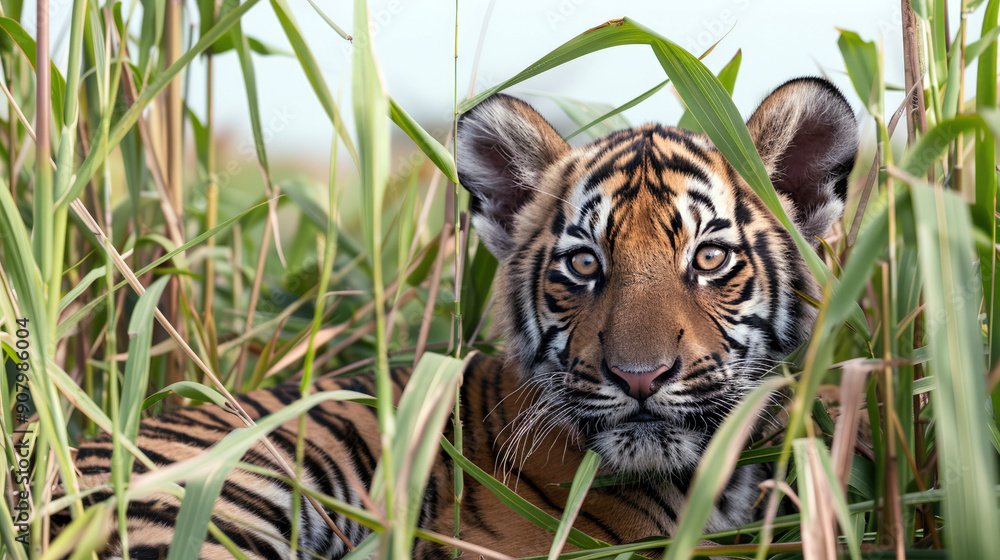 Fototapeta premium A majestic tiger rests in lush green grass, showcasing its striking orange and black stripes in a natural habitat.