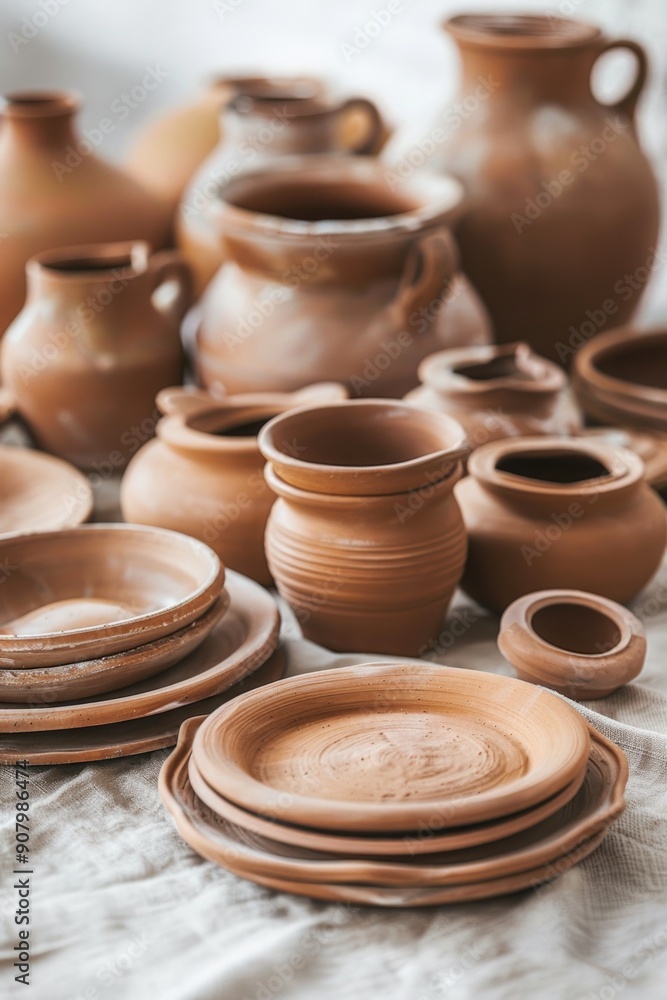 A collection of brown pottery, including plates, bowls, and vases, arranged on a table A collection of brown pottery, including plates, bowls, and vases, arranged on a table