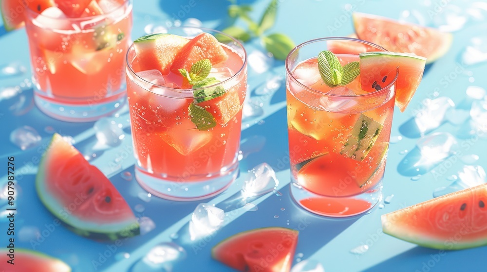 Refreshing watermelon drink served in glass with ice and mint, perfect for summer gatherings and festive occasions. Refreshing watermelon drink served in glass with ice and mint, perfect for summer gatherings and festive occasions.