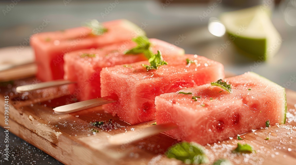 Refreshing watermelon slices on sticks, garnished with herbs, perfect for summer parties or healthy snacks. Refreshing watermelon slices on sticks, garnished with herbs, perfect for summer parties or healthy snacks.