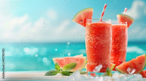 Refreshing watermelon drinks served in glasses with ice. Perfect for summer days by the beach or poolside.