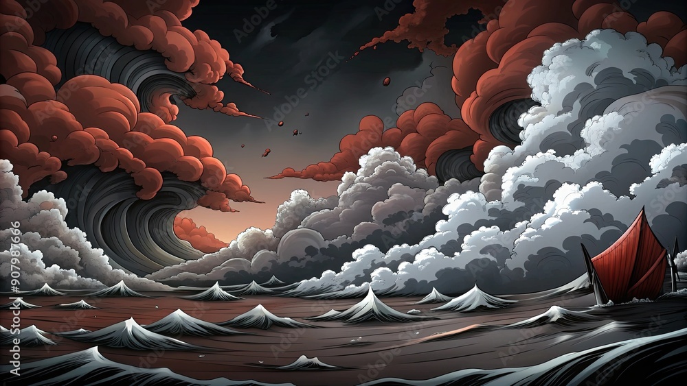 Fototapeta premium A lone red sail navigates turbulent waters and a stormy sky