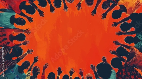 an african community standing in a circlular pattern holding hands ,overhead shot, minimalistic photo