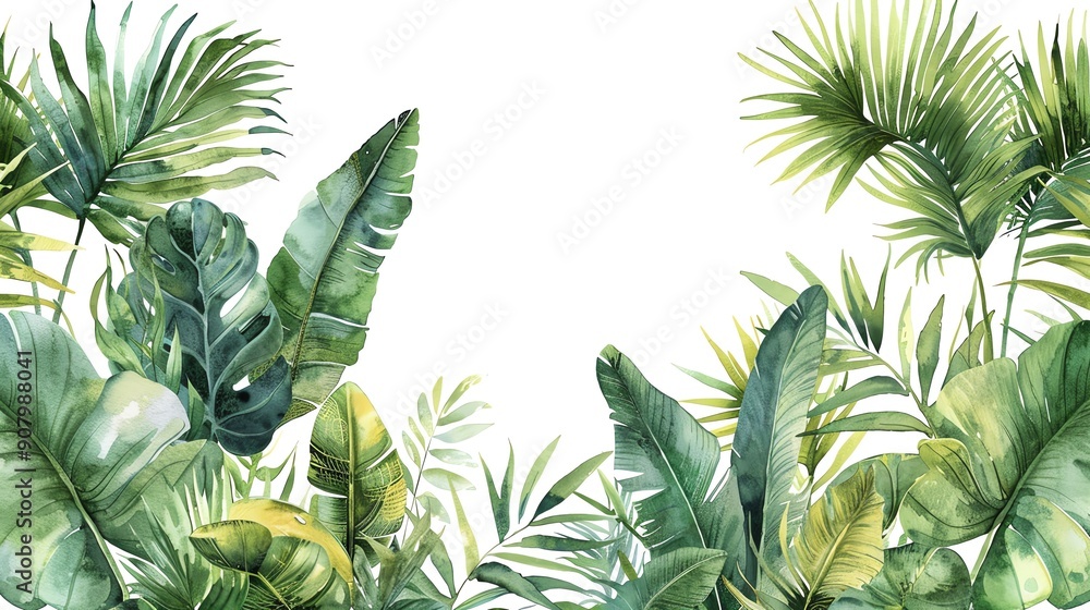 Obraz premium Beautiful watercolor tropical leaves border with palm and monstera leaves isolated on white background, perfect for nature-themed designs.