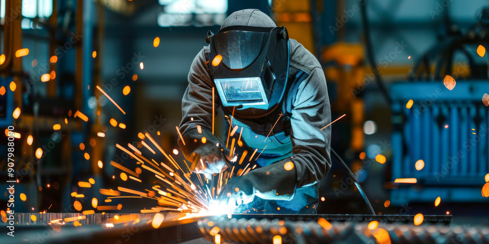 Welder working on structural steel in a factory Welder working on structural steel in a factory