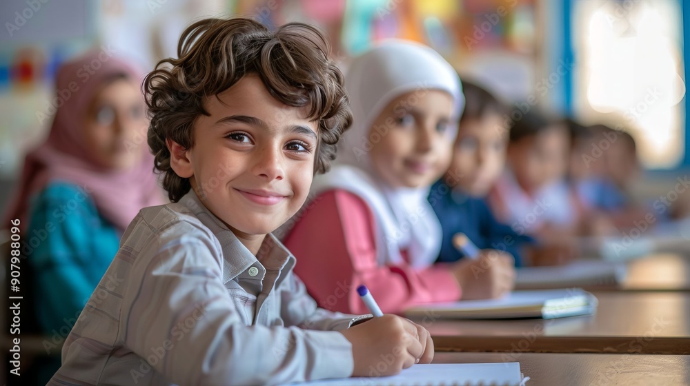 Smiling Arabic Student Diligently Writing in a Notebook in Classroom . Education, Academic Smiling Arabic Student Diligently Writing in a Notebook in Classroom . Education, Academic