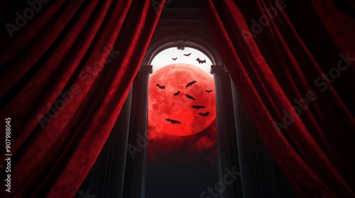 A vampires castle with dark, gothic architecture, bats flying around, and red velvet curtains, high-resolution photo, realistic photo