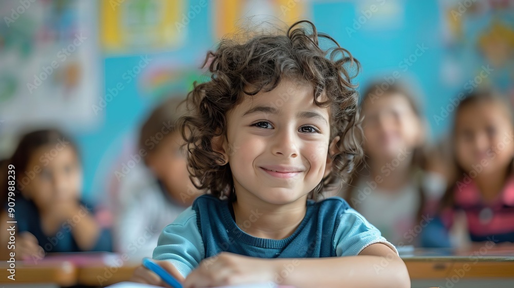Smiling Arabic Student Diligently Writing in a Notebook in Classroom . Education, Academic Smiling Arabic Student Diligently Writing in a Notebook in Classroom . Education, Academic