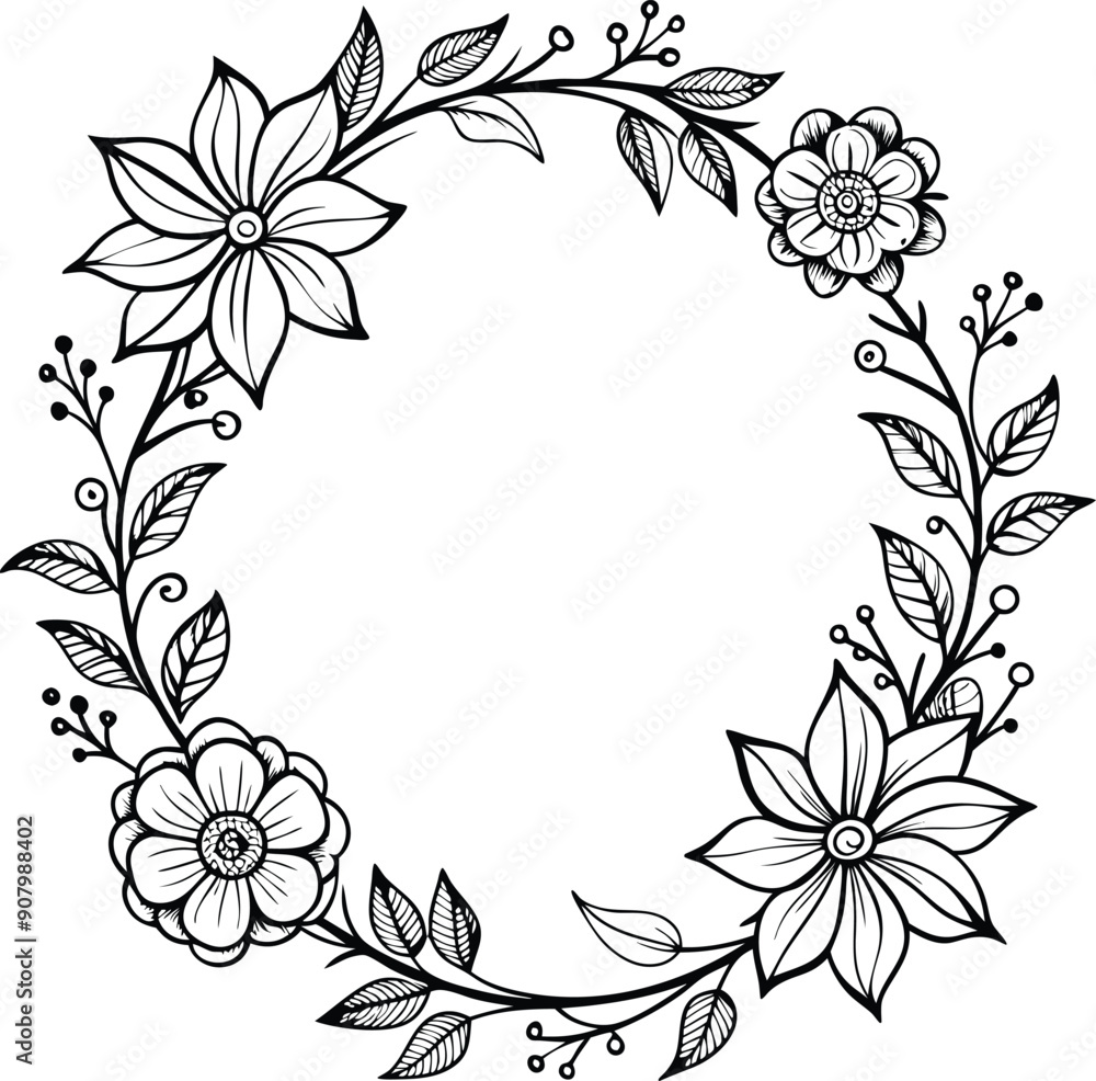 Hand drawn floral frame outline black and white Hand drawn floral frame outline black and white