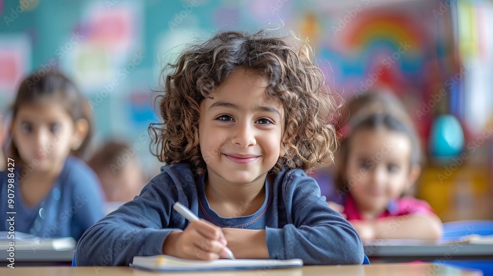 Smiling Arabic Student Diligently Writing in a Notebook in Classroom . Education, Academic Smiling Arabic Student Diligently Writing in a Notebook in Classroom . Education, Academic