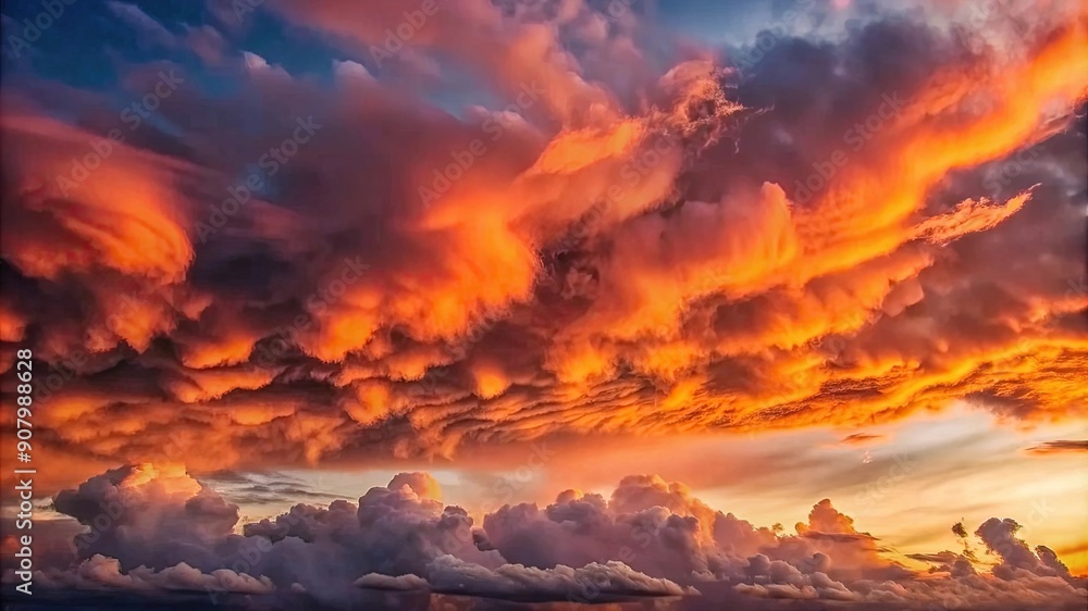Fototapeta premium Fiery Orange Clouds Against a Blue Sky at Sunset