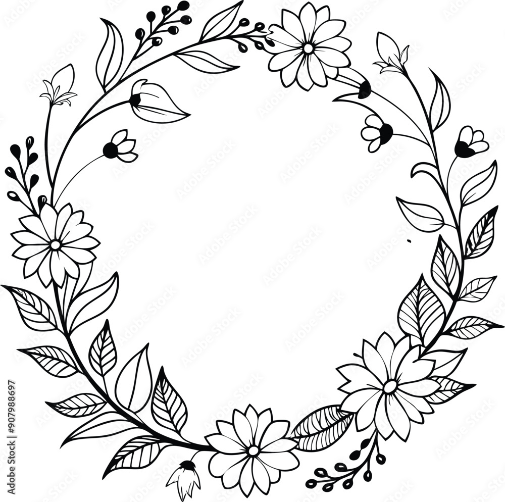 Hand drawn floral frame outline black and white Hand drawn floral frame outline black and white