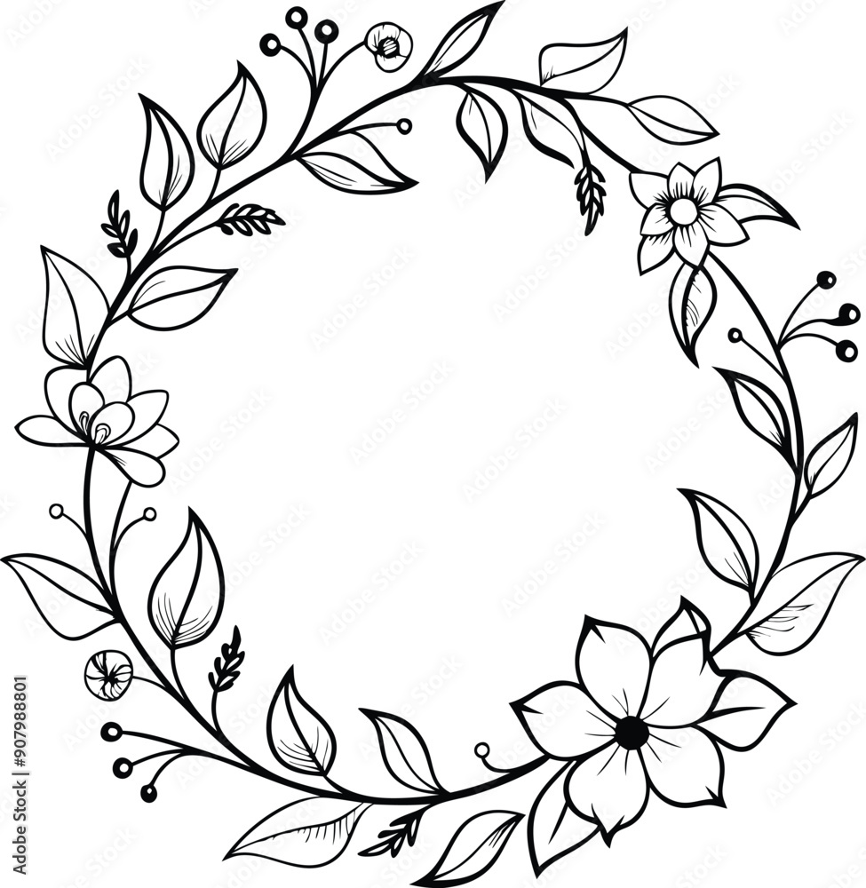 Hand drawn floral frame outline black and white Hand drawn floral frame outline black and white