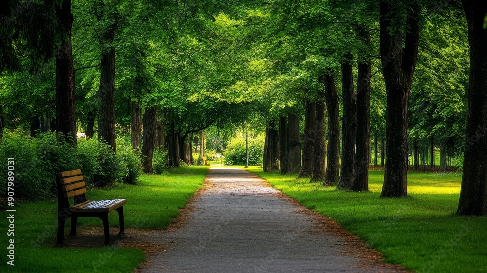 A peaceful, tree-lined path winds through a park, inviting exploration and contemplation. The lush greenery creates a calming atmosphere, symbolizing tranquility, nature, growth, renewal, and escapism A peaceful, tree-lined path winds through a park, inviting exploration and contemplation. The lush greenery creates a calming atmosphere, symbolizing tranquility, nature, growth, renewal, and escapism