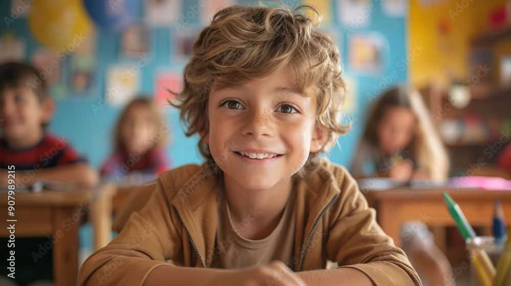 Smiling Caucasian Student Diligently Writing in a Notebook in Classroom . Education, Academic Smiling Caucasian Student Diligently Writing in a Notebook in Classroom . Education, Academic