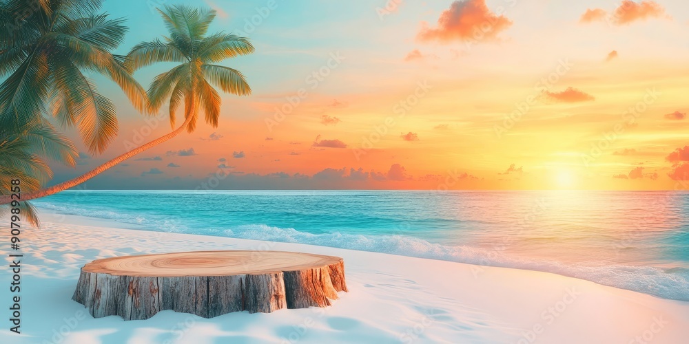 Obraz premium Wooden Log Platform on Tropical Beach at Sunset