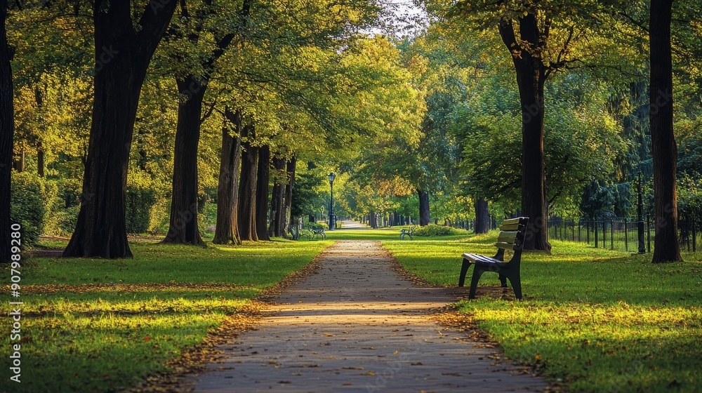 A picturesque pathway lined with tall trees, bathed in the golden light of autumn, invites you to a peaceful stroll. The single bench under the shade of a tree symbolizes relaxation, contemplation, an A picturesque pathway lined with tall trees, bathed in the golden light of autumn, invites you to a peaceful stroll. The single bench under the shade of a tree symbolizes relaxation, contemplation, an