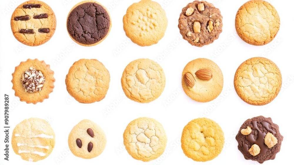 Collection of round cookie cookies biscuit, classic and nut set, on white background cutout file. Many assorted different design. Mockup template for artwork design