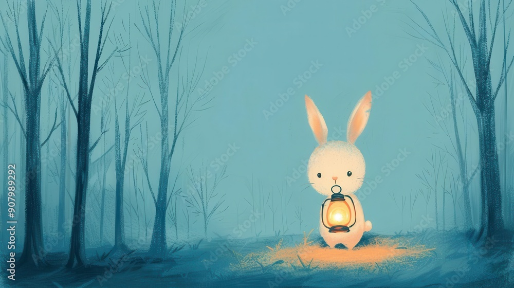Obraz premium A whimsical illustration of a bunny holding a glowing lantern in a dark, Soft pastels, Illustration