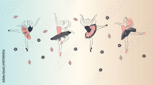 Group of ballet dancer poses and sequins embroidery artwork.