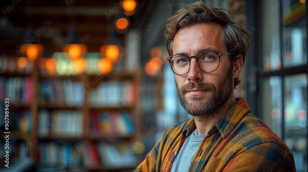 Fototapeta premium Portrait of a young man with glasses and shirt in a bookstore. Place for inscription.