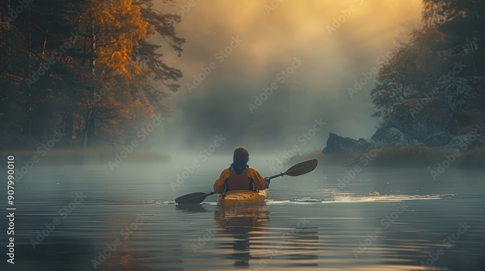A kayaker paddling through a misty river at dawn, peaceful and serene, 4K resolution. A kayaker paddling through a misty river at dawn, peaceful and serene, 4K resolution.