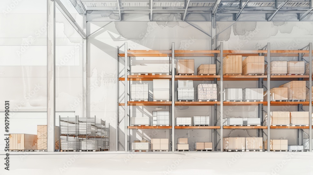 Industrial warehouse with towering storage racks, clear space beside, high storage capacity, commercial storage Industrial warehouse with towering storage racks, clear space beside, high storage capacity, commercial storage