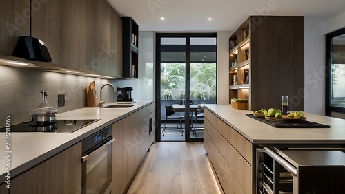 This galley kitchen showcases innovative storage and a sleek, functional design