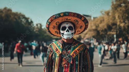 Character dressed in head dressing for Halloween or Day of the Dead