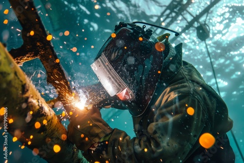 A welder works underwater, sparks fly, and water drips in the close-up shot.