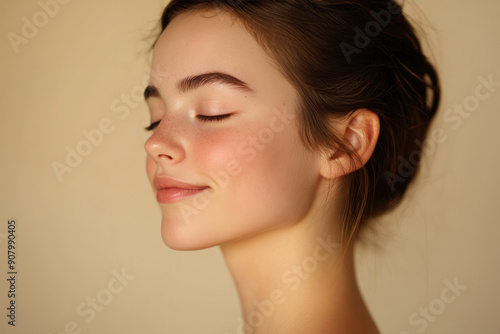 A close up of a girl's face with her eyes closed