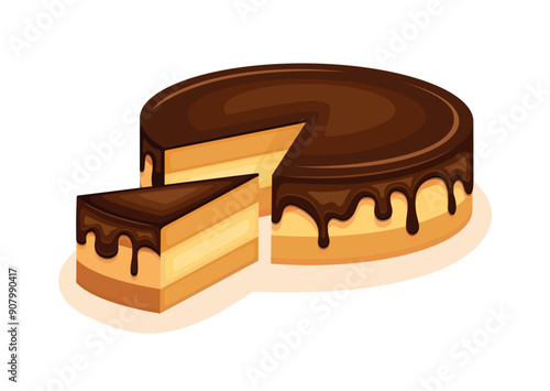 Boston Cream Pie vector illustration. Vanilla sponge cake with chocolate icing drawing. Piece of cake with chocolate glaze icon isolated on white background. Layer cake vector
