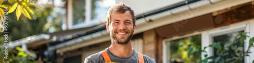 Handyman installer smiling as he stands with a solar module during the installation of a solar panel system on a house