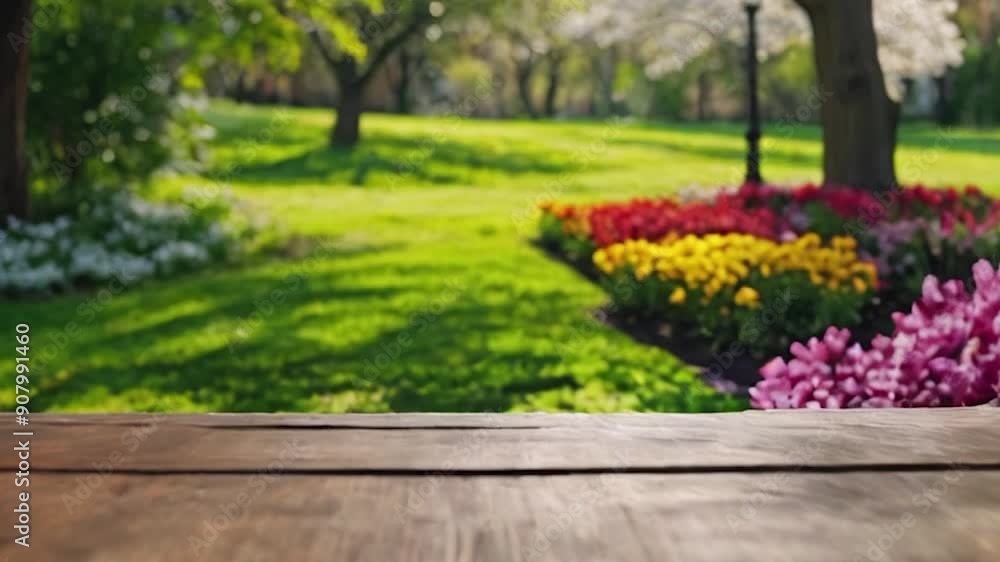 Wooden Tabletop with Blurred Spring Garden Background Wooden Tabletop with Blurred Spring Garden Background