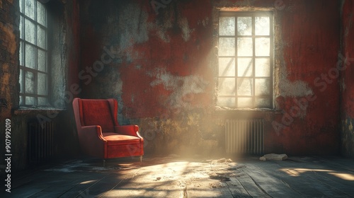 A red chair sits in a room with a red wall and a window photo